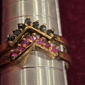 Vtg Vermeil Gold Over 925 SS Chevron Stacking Rings Pink Ruby and Onyx sz 8.25